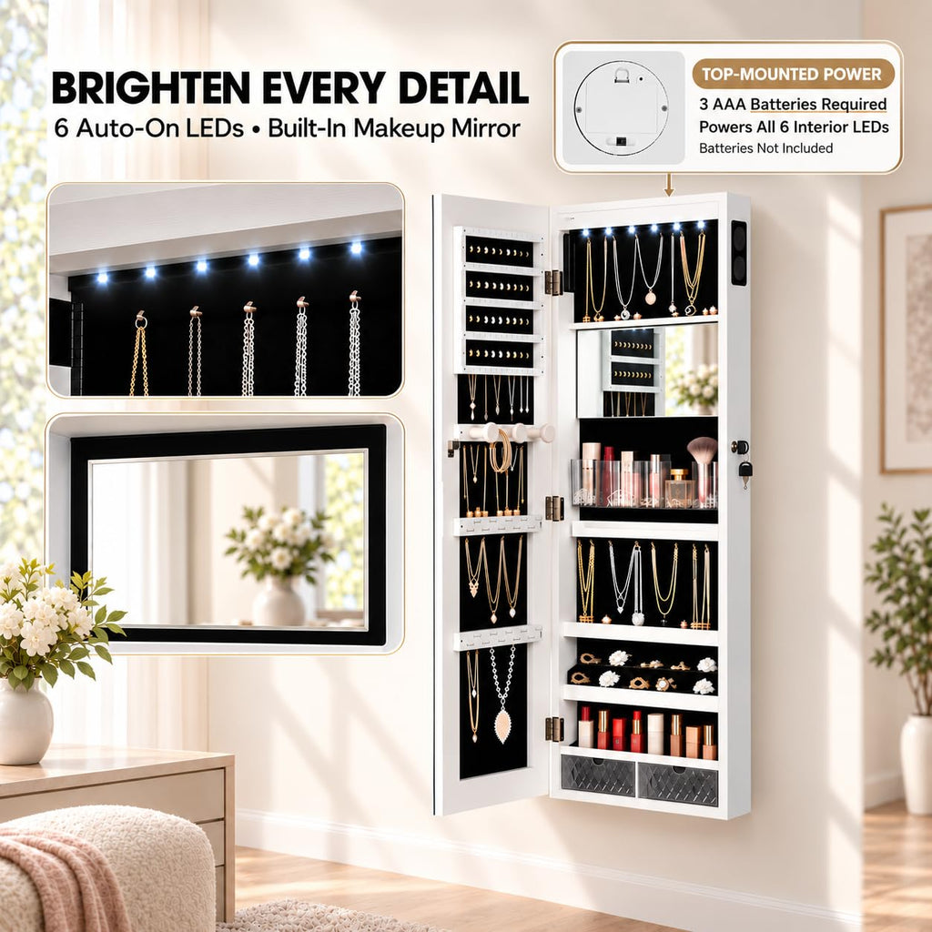 LED Mirror Jewelry Cabinet, Bluetooth Speaker, Full Length Mirror, White