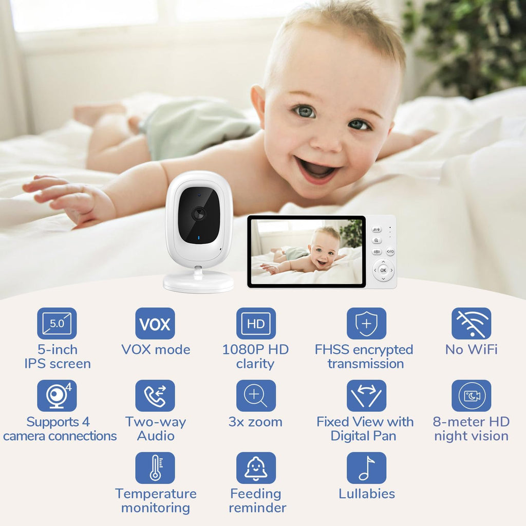 No WiFi Video Baby Monitor, 1080P 5" IPS Display, VOX