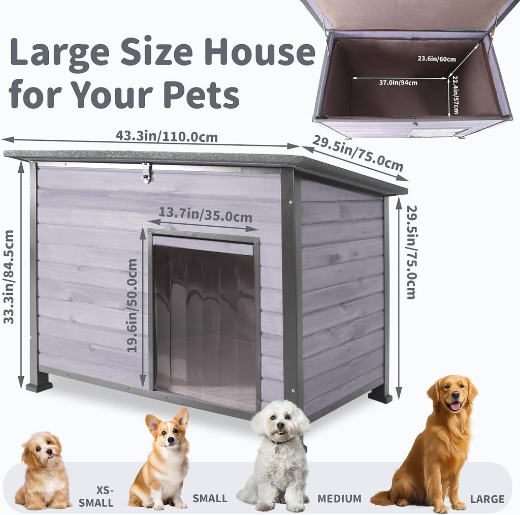 Insulated Dog House Outdoor Weatherproof, Large Wooden House, Removable Inner Lining in Winter, Upgraded Chewing
