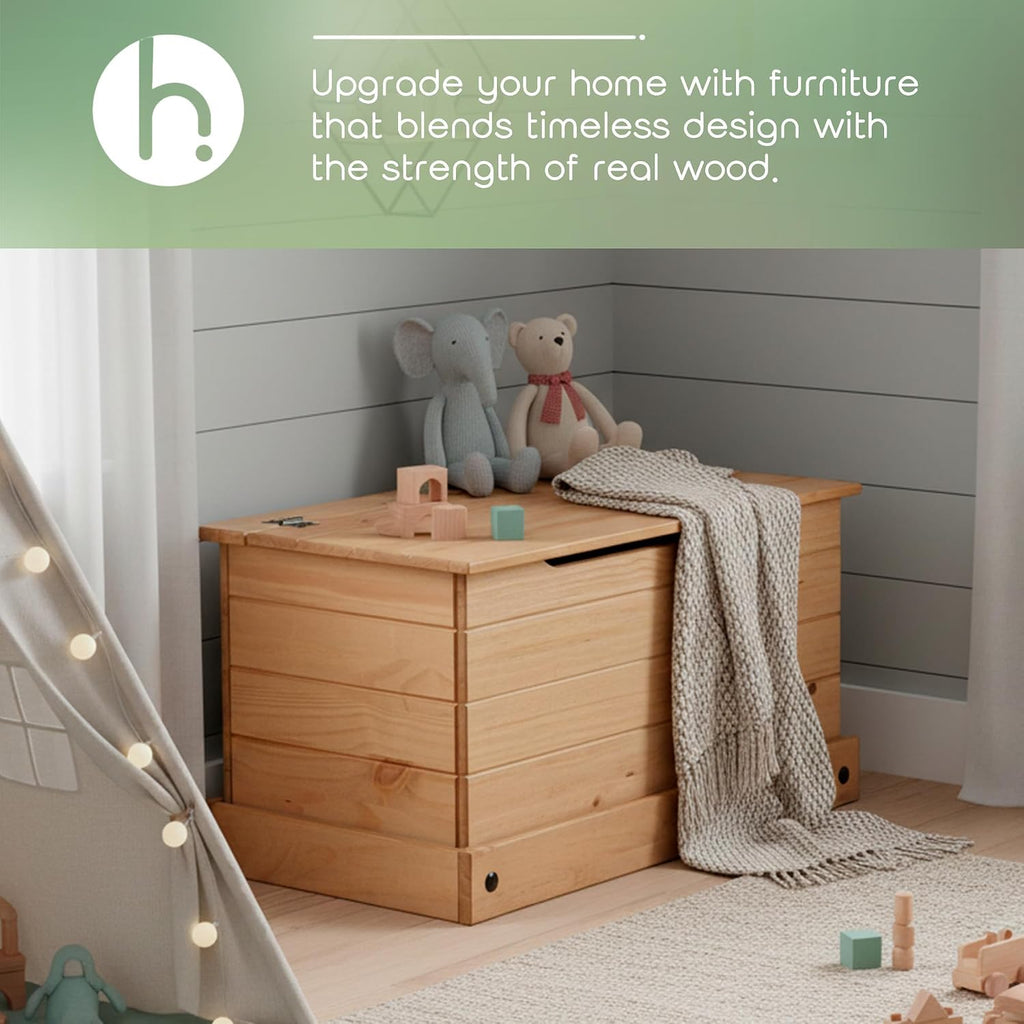 Corona Storage Chest with Lid - Natural Wood Trunk , or Living Room - Safe-Stay Hinged Top for Easy Access