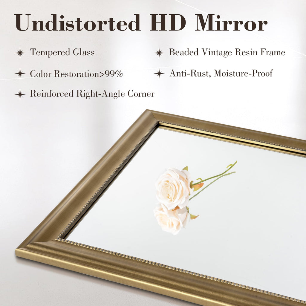 24x36 Rectangular Wall Mirror, Decorative Bathroom Mirror, Traditional Vintage Wall Mounted Mirror with Beaded Frame