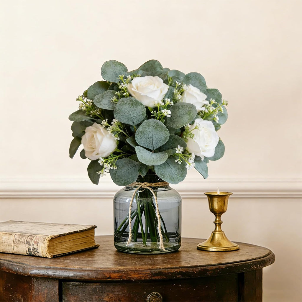 Faux Eucalyptus Leaves Stems Bulk Silver Dollar White Seed Artificial Greenery Stems Fake Sprays Branches - Set of 40
