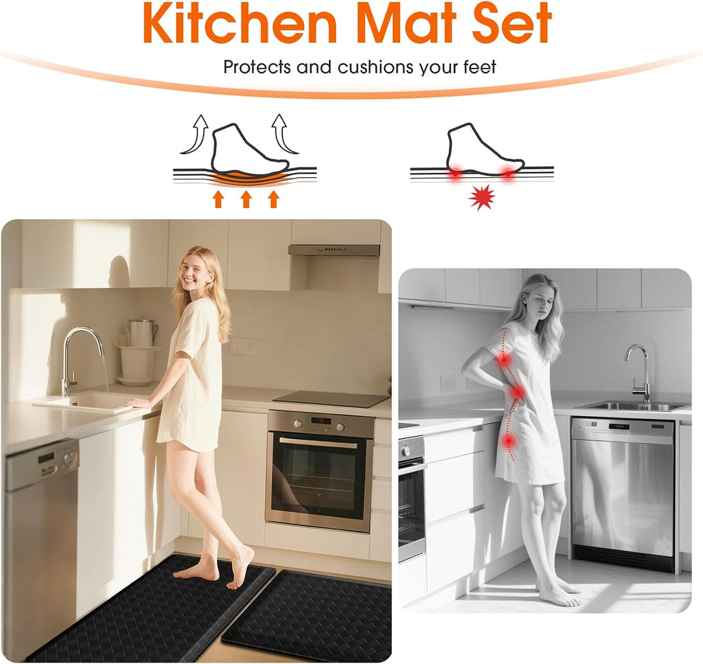 4/5 Inch Cushioned Anti Fatigue Kitchen Mats for Floor, Black | 2PCS Kitchen Rugs, Non-Slip Standing Desk Mat