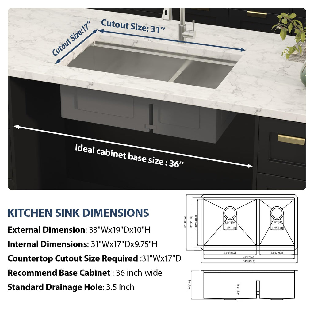 33 Inch Undermount Kitchen Sink Double Bowl Stainless Steel