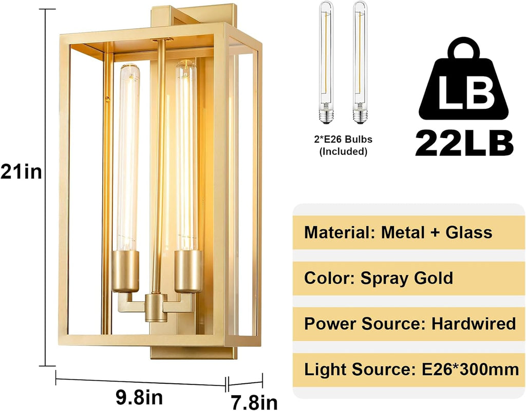 21" Large Gold Outdoor Wall Lantern, IP65 Waterproof Modern Porch Light