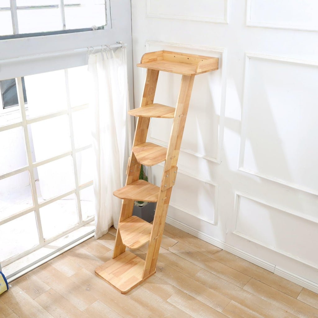 Modern 70" Tall Natural Wood 6 Level Leaning Cat Climbing Ladder Tree Tower with Large Perch Platform for Wall