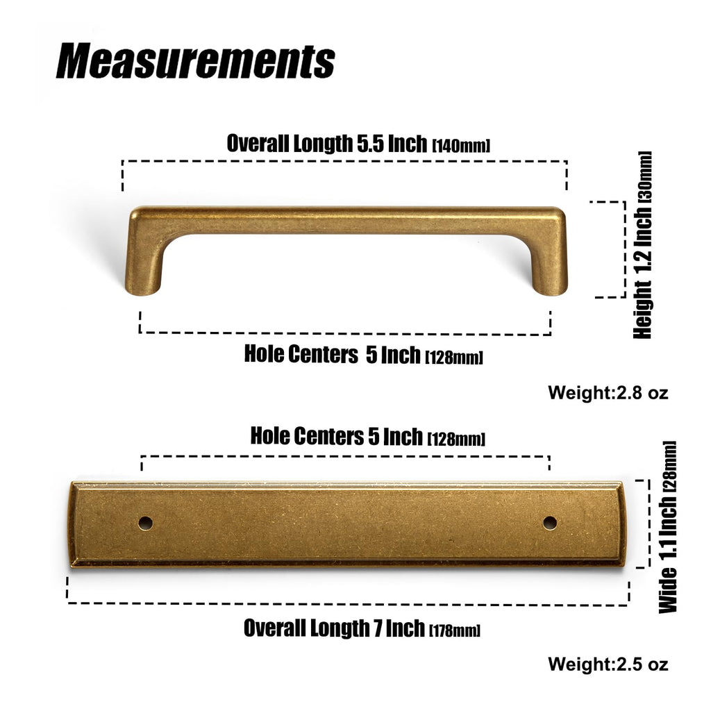 2 Packed Antique Brass Cabinet Pulls with Long Backplate-5''(128MM) Hole Centers Drawer Pulls