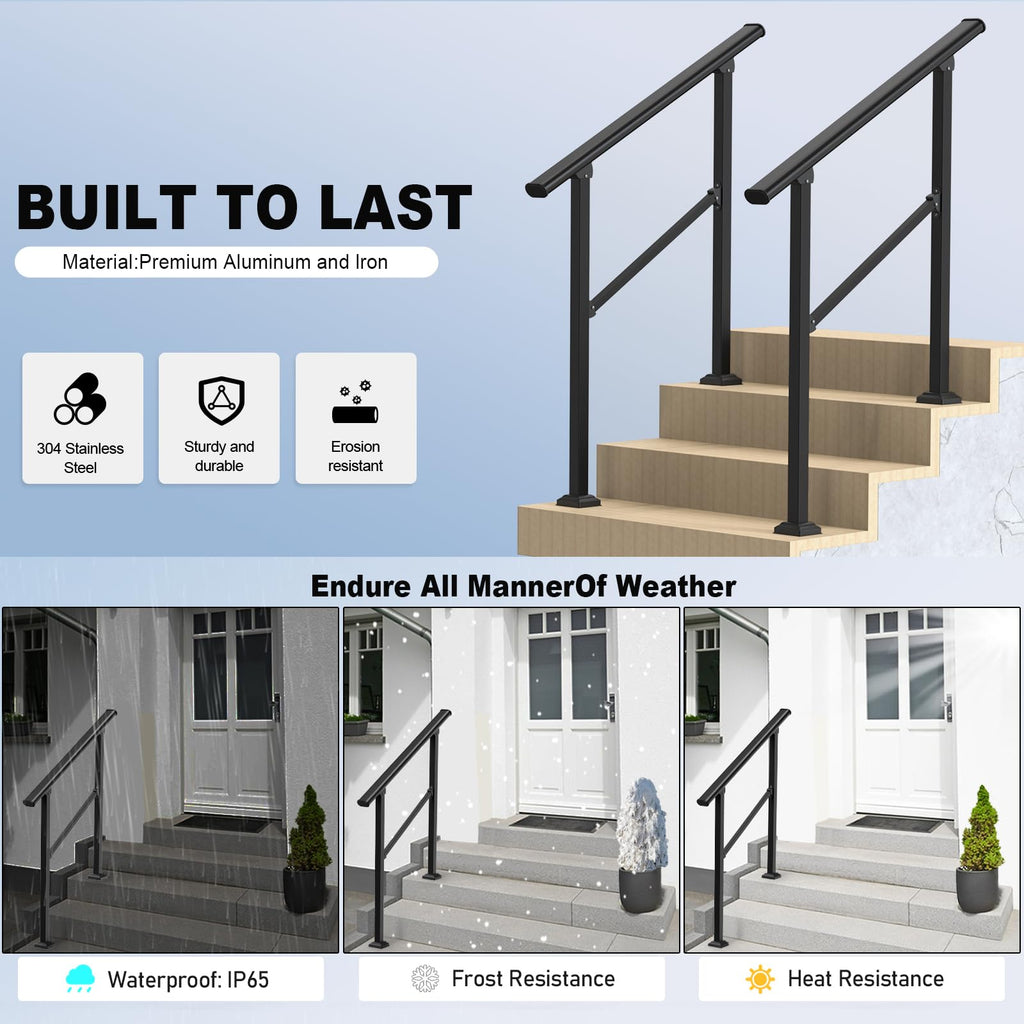 Outdoor Handrails for 4-5 Steps, Stair Railing Kit for Concrete & Porch Steps, Adjustable Black Iron Hand Rail for