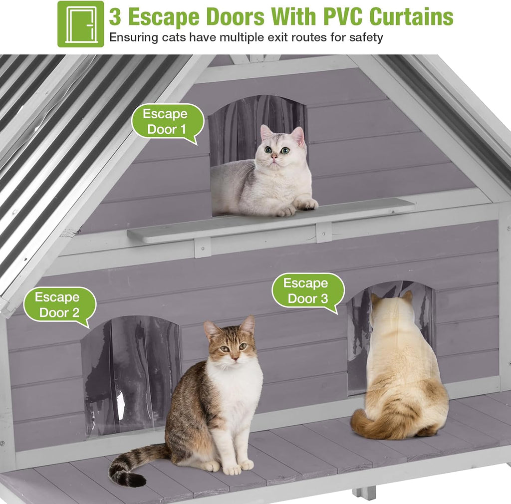 Outdoor Cat House Weatherproof Feral Cat Shelter for Multiple Cats, 2-Story Independent Design with Escape-Friendly
