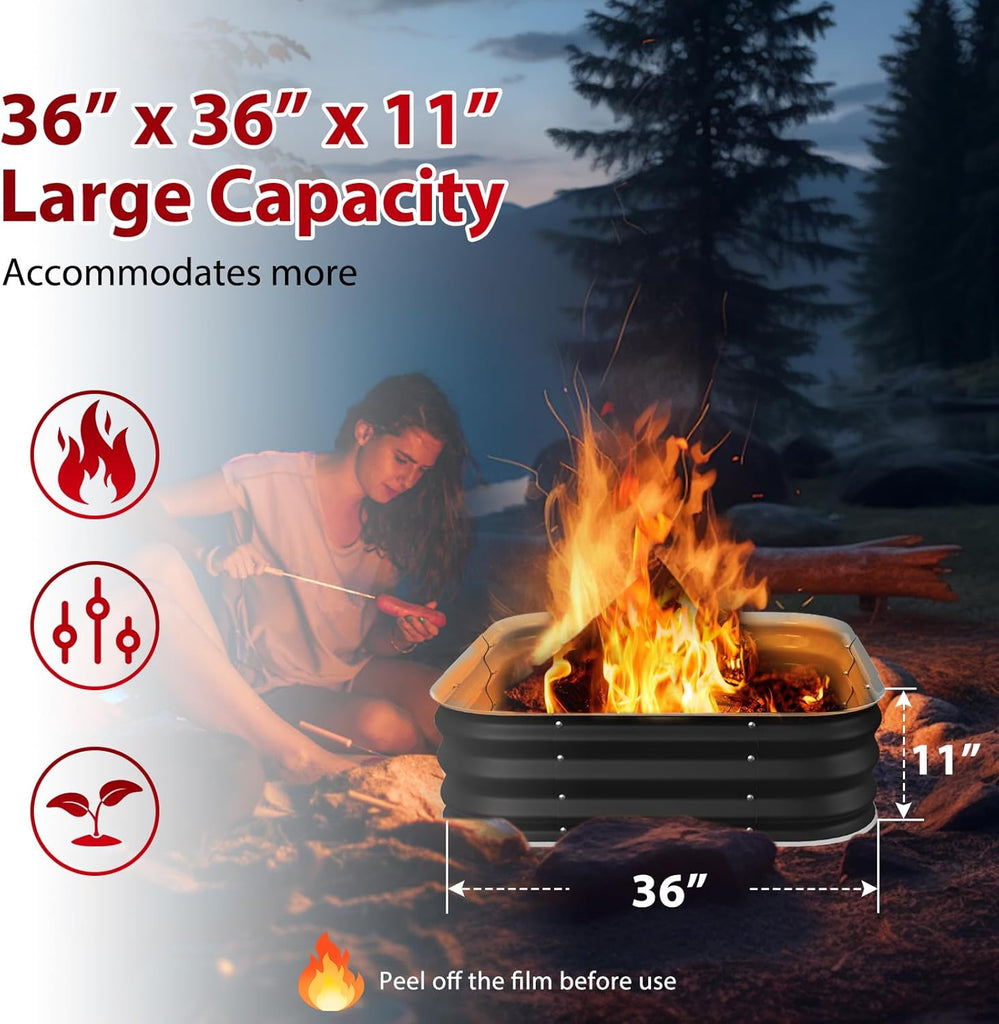 Fire Pit 36 Inch, Height 11.5 Inch, Square Galvanized Steel Fire Pit for Outside, Heavy Duty Steel Fire Pits In-Ground