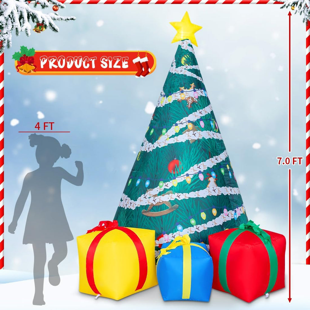 7 FT Christmas Inflatables Tree Outdoor Decorations Blow Up Yard Present Box with Built-in LEDs for Indoor Party