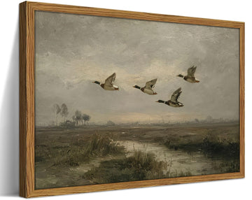 Framed Vintage Flying Ducks Wall Art, Rustic Mallard Duck Wetland Landscape Picture Wall Decor Painting CottageCore