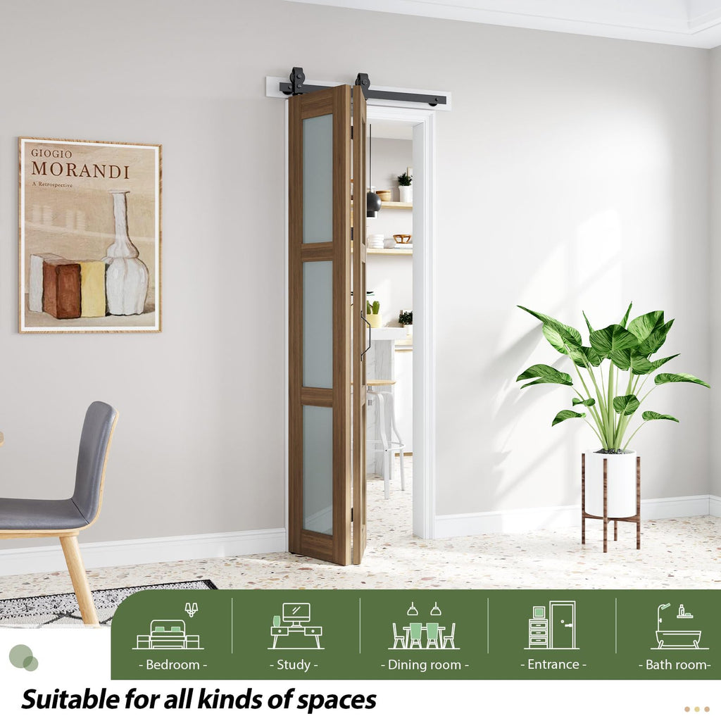 Bifold Frosted Glass Barn Doors Brown 28X84, Hardware Kit Included