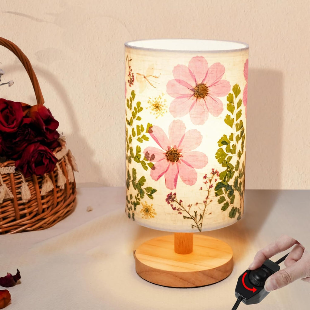 Dried Flowers Small Table Lamp 9W LED Dimmable Warm Light Pressed Flower Bedside Lamp Linen Shade with Wood Base
