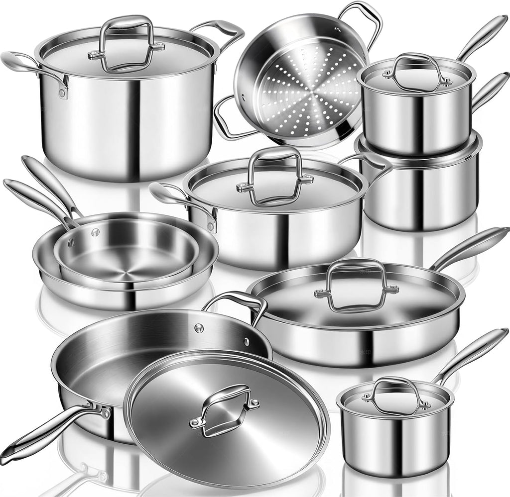 Stainless Steel Cookware Set, 3 Ply 17 Piece Stainless Steel Pot and Pan Set, Oven Dishwasher Safe | Induction