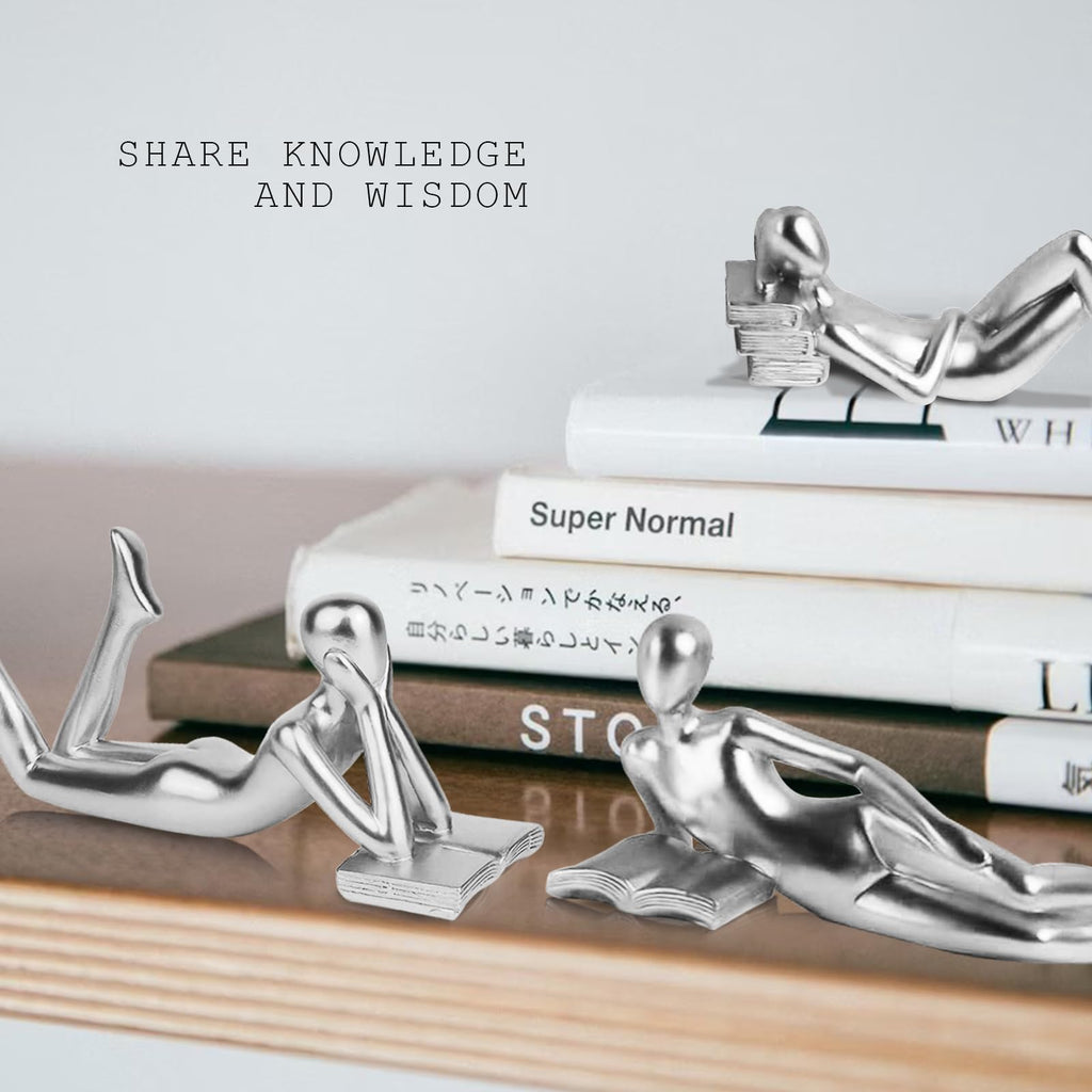 Silver Home Decor Thinker Reading Women Statue, Modern Shelf Decor Accent Decorations, Resin Collectible Figurines