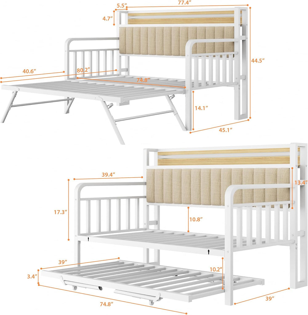 Daybed with Trundle and LED Light, Heavy Duty Metal Twin Bed Frame with Upholstered Storage Headboard & Charging