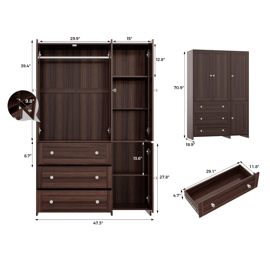 71" Armoire Wardrobe Closet with 3 Drawers and Mirror