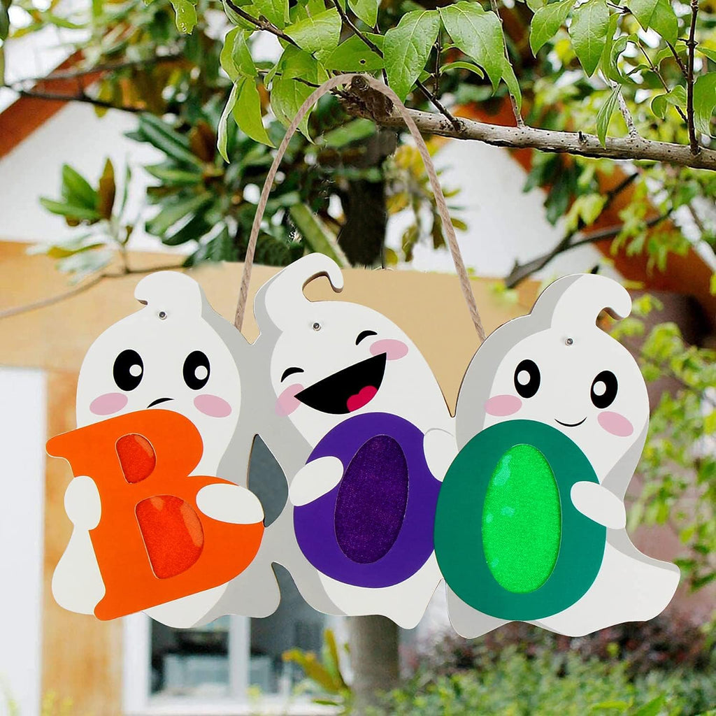 Halloween Door Decor Hanging Sign, BOO Ghost Halloween Door Hanger with Light for Front Door Decorations Outdoor - Set of 3