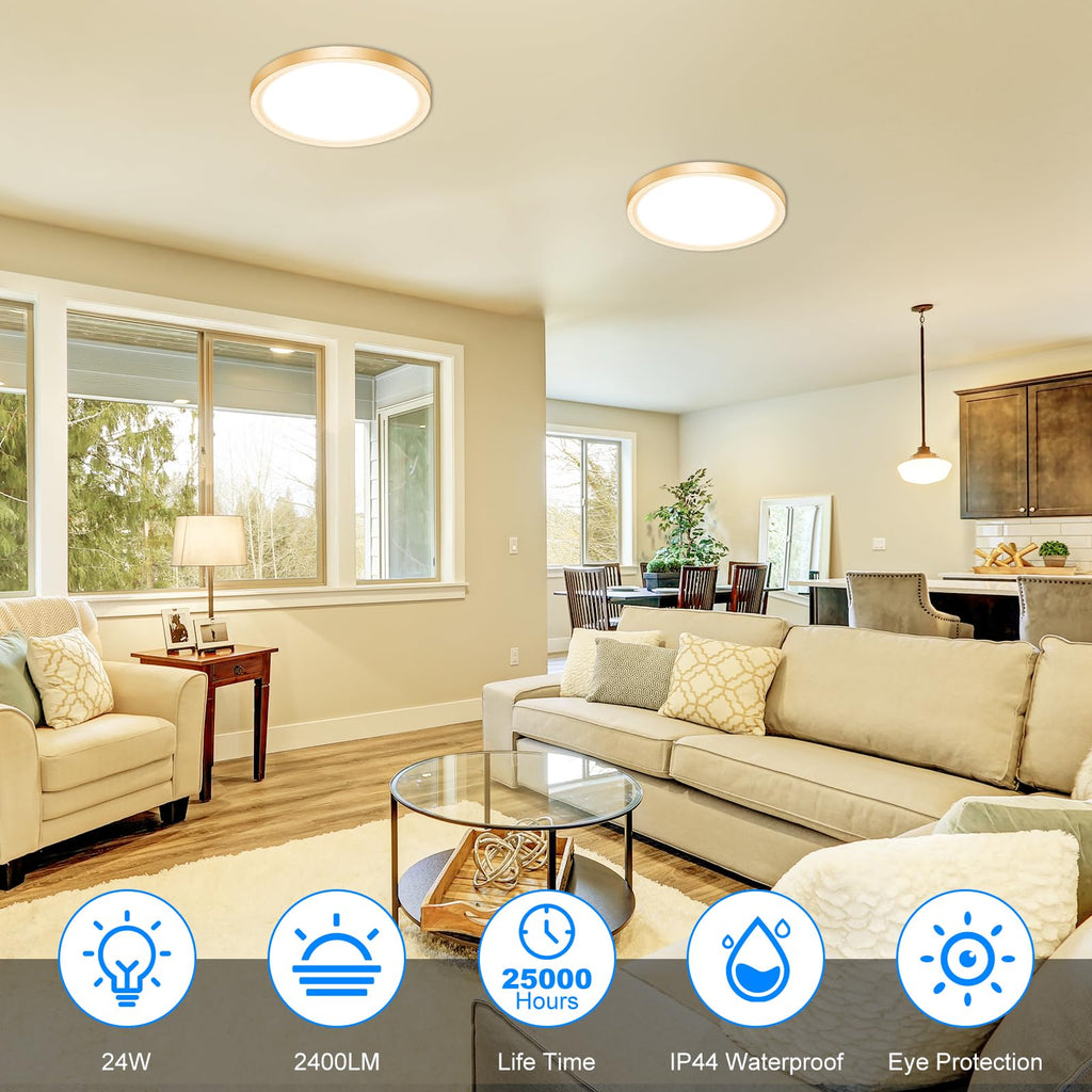 12 Inch LED Ceiling Light Gold, 24W Slim Flush Mount Ceiling Light 3000K/4000K/6500K Adjustable, Modern Round Ceiling