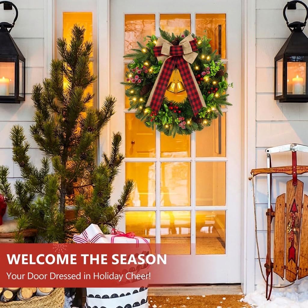 22" Pre-Lit Christmas Wreath with Lights for Front Door, Holiday Decoration