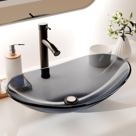 Vessel Sink Bathroom Sinks Tempered Glass Art Basin 20.8"x13.7" Oval Bowl Above Counter with Faucet and Pop-Up Drain