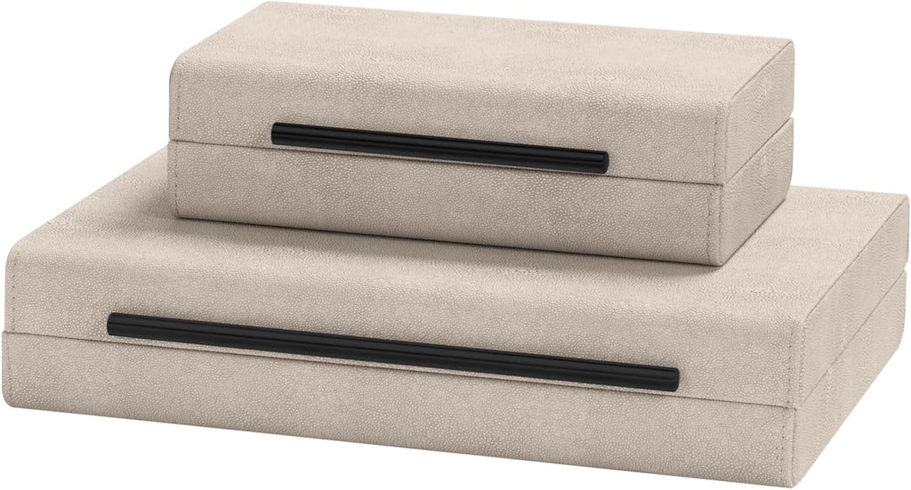 Ivory Shagreen Decorative Boxes-Modern Faux Leather Jewelry Orgazier, Engineered Wood Keepsake Boxes - Set of 2