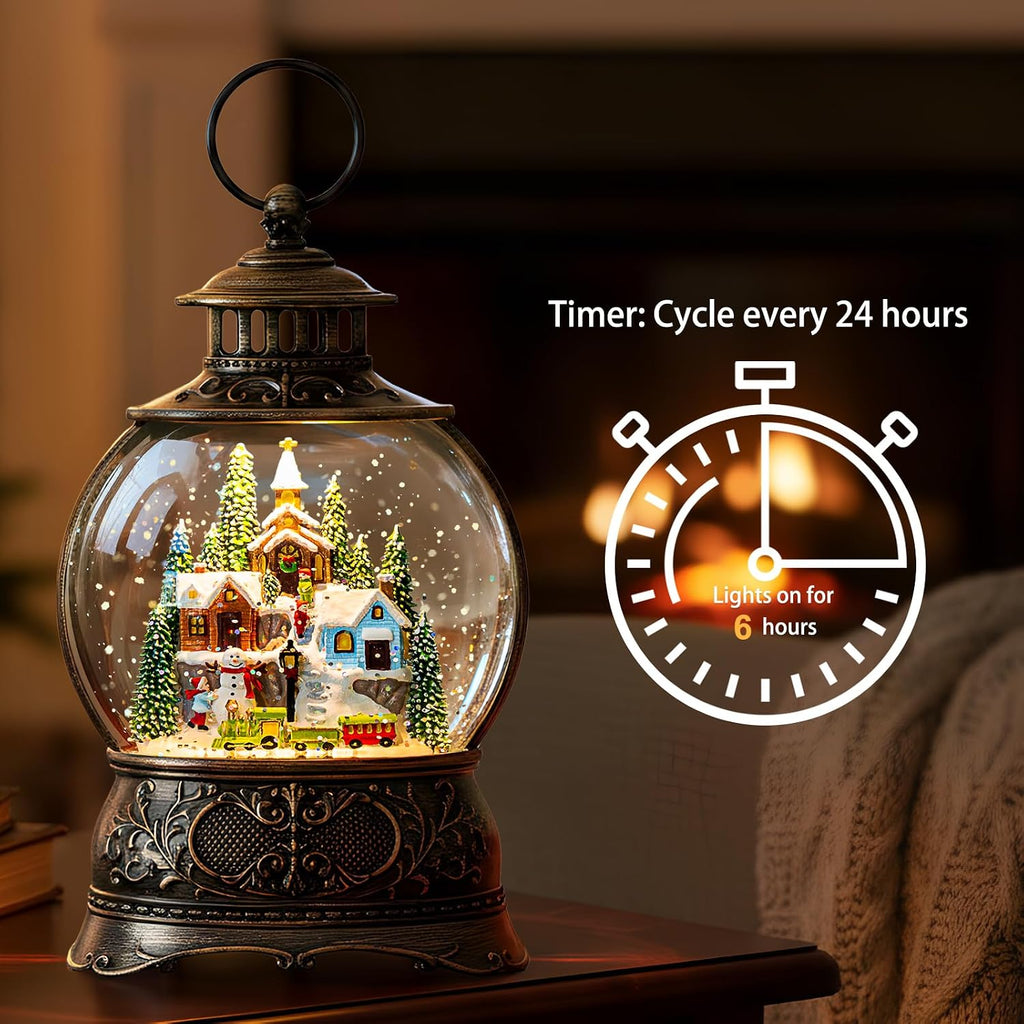 Christmas Snow Globes Christmas Water Lantern with Snowy Train Snowman, Music & 6H Timer, USB Lined/Battery Operated