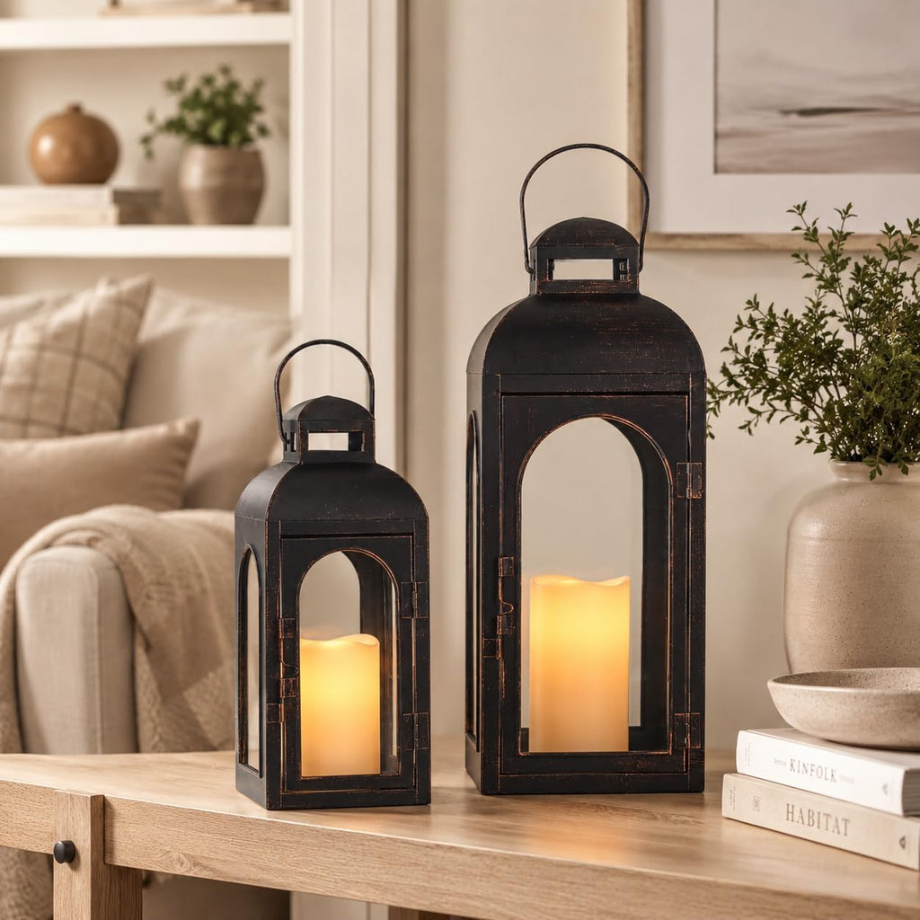 Lanterns Decorative Indoor,Set of 2 Outdoor Lanterns for Porch, 20" Metal Frame Candle Holders Hanging Lights