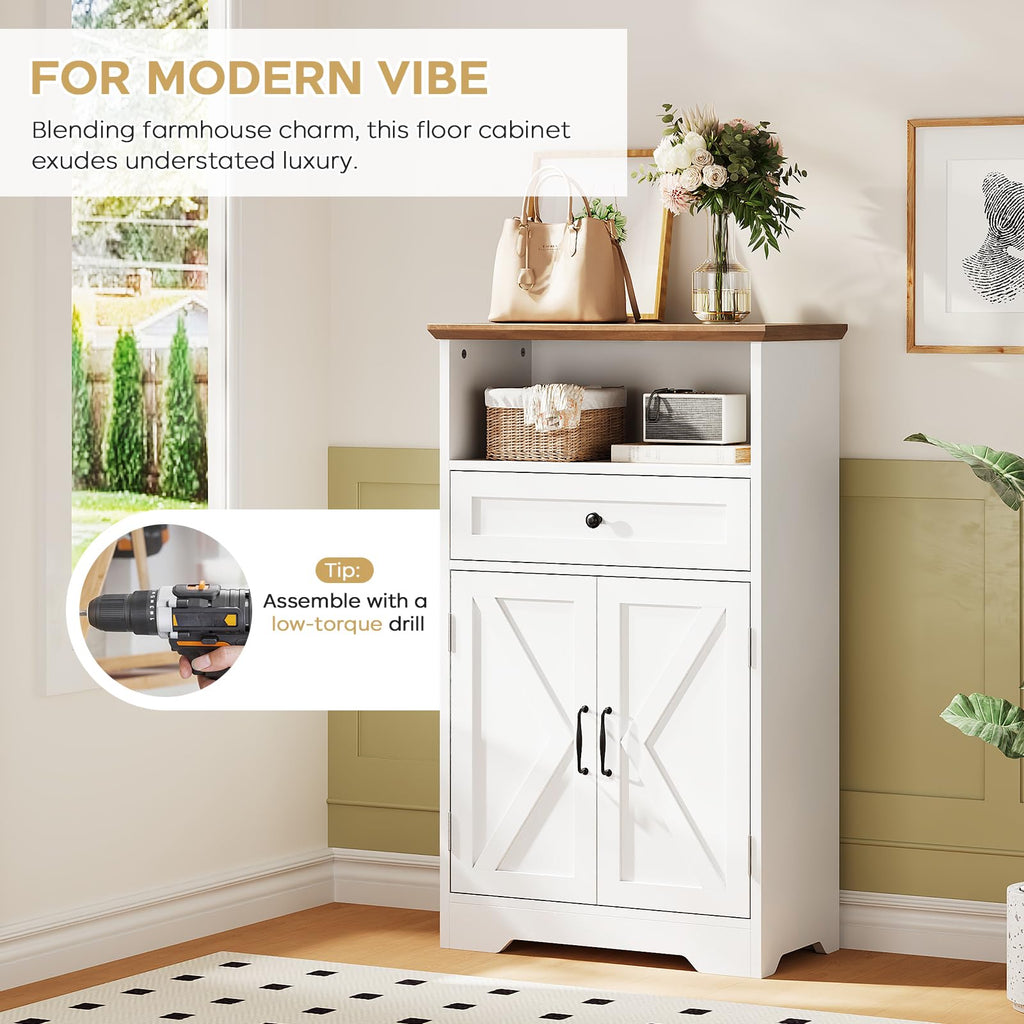 Floor Cabinet, Farmhouse Storage Cabinet with Barn Doors and Drawers White