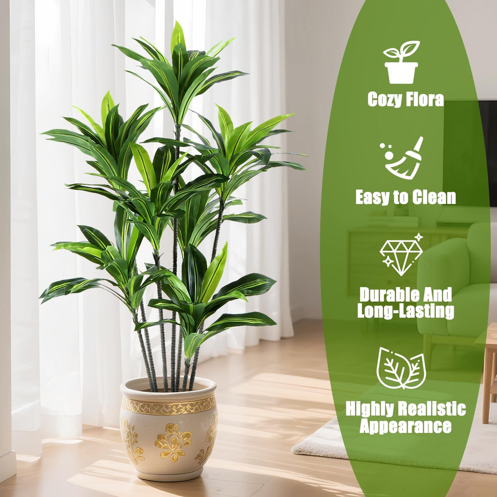 Dracaena Artificial Plant Indoor 5FT - Large Tropical Fake Tree with Lifelike Leaves - Tall Faux Floor Plant in Pot