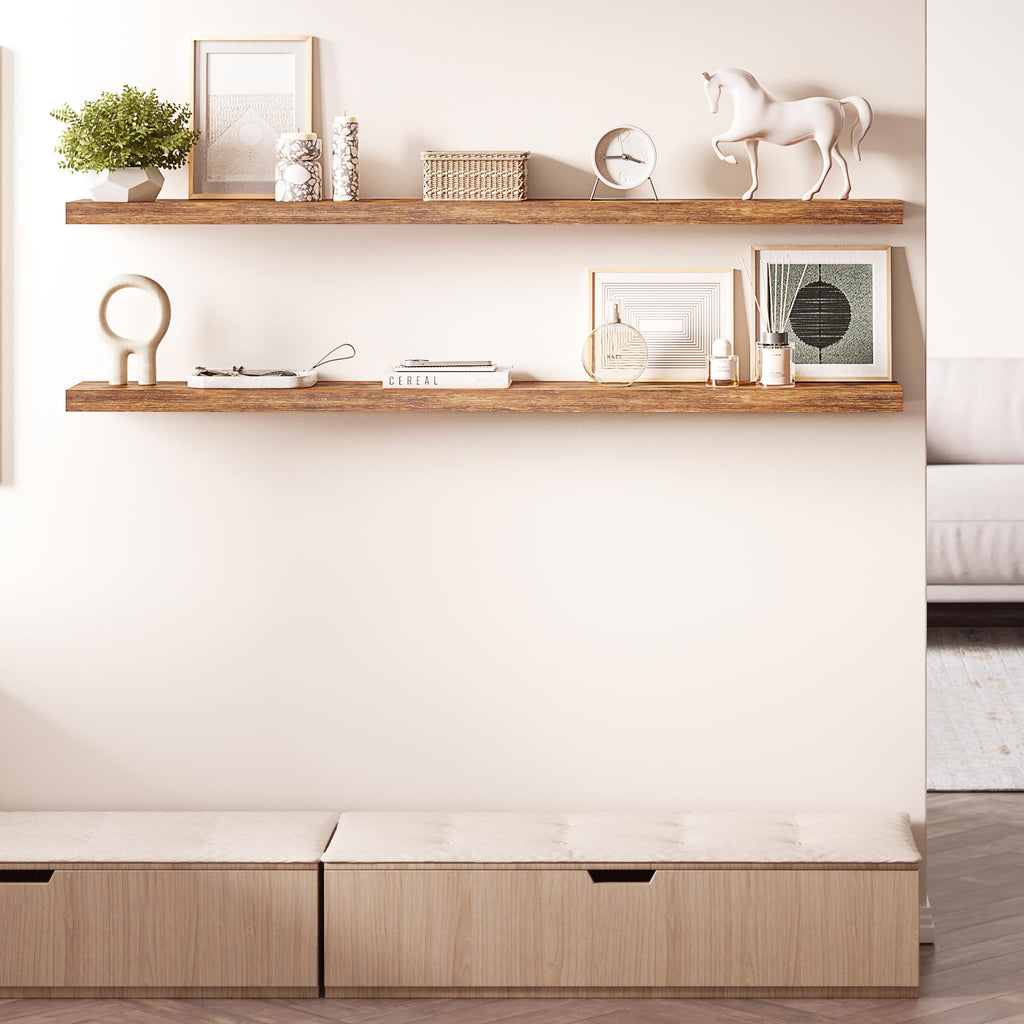 Floating Shelves for Wall, 60" Wood Wall Shelf Set of 2, with Invisible Brackets, 8" Deep, Rustic Brown