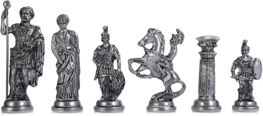 Historical Antique Copper Rome Figures Metal Chess Set for Adults, Handmade Pieces and Marble Design Wood Chess Board