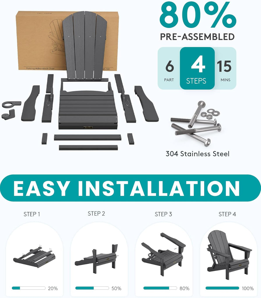 Folding Adirondack Chair with Cup Holder, Fire Pit Chairs - Gray | Foldable Adirondack Chairs for Outdoor