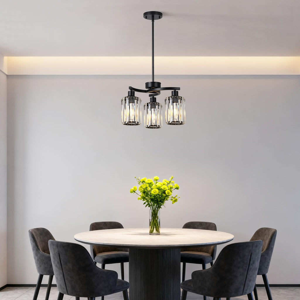 3 Light Black Crystal Chandelier, Glam Pendant