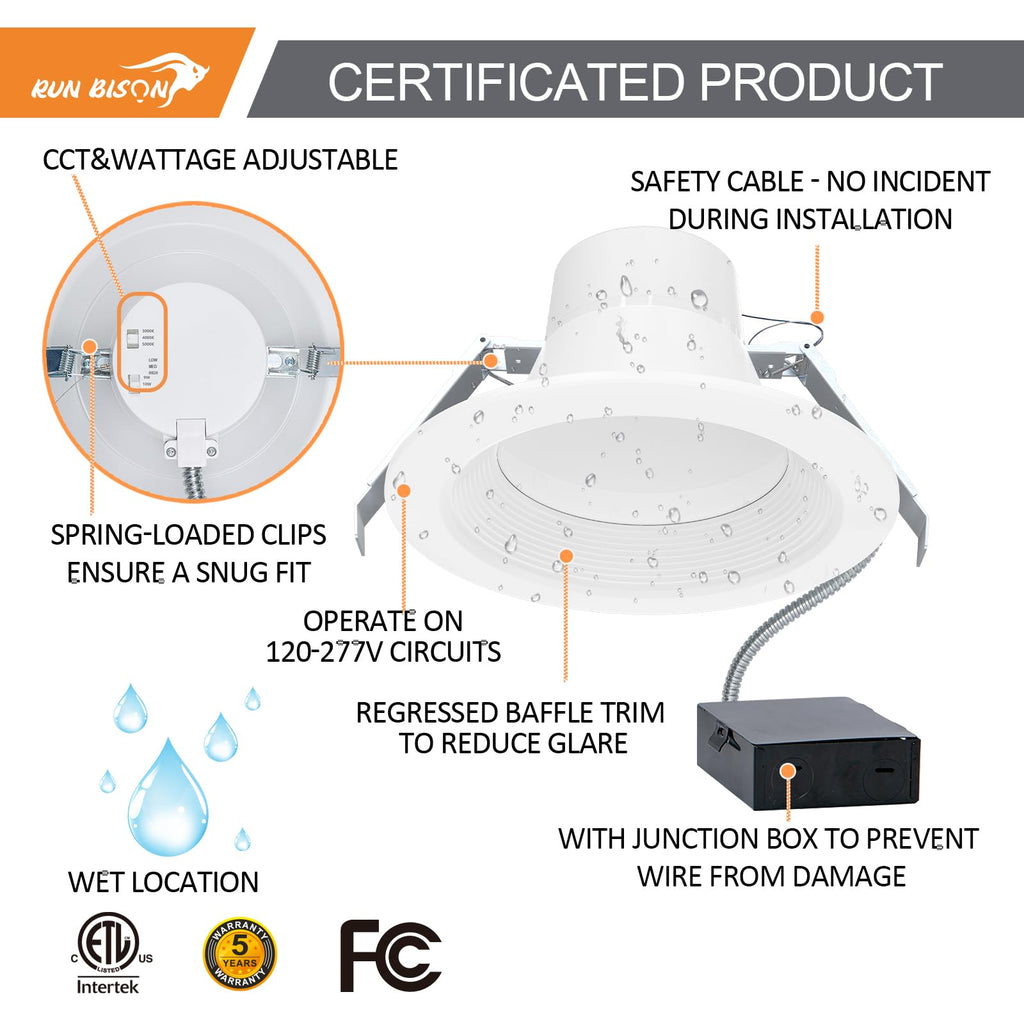 10 Inch Recessed LED Commercial Downlight with J-Box, Wattage Adjustable 22/29/37.5W,3 Color Selectable