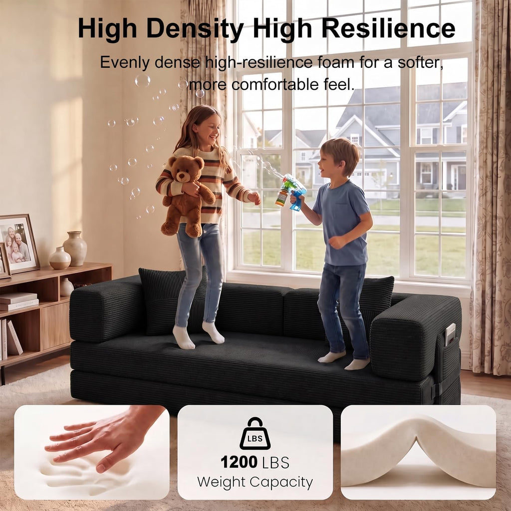 79.5" Convertible Futon Sofa Bed, Boneless Couch | Corduroy Boneless Loveseat Sleeper Sofa, Modular Futon Couch with