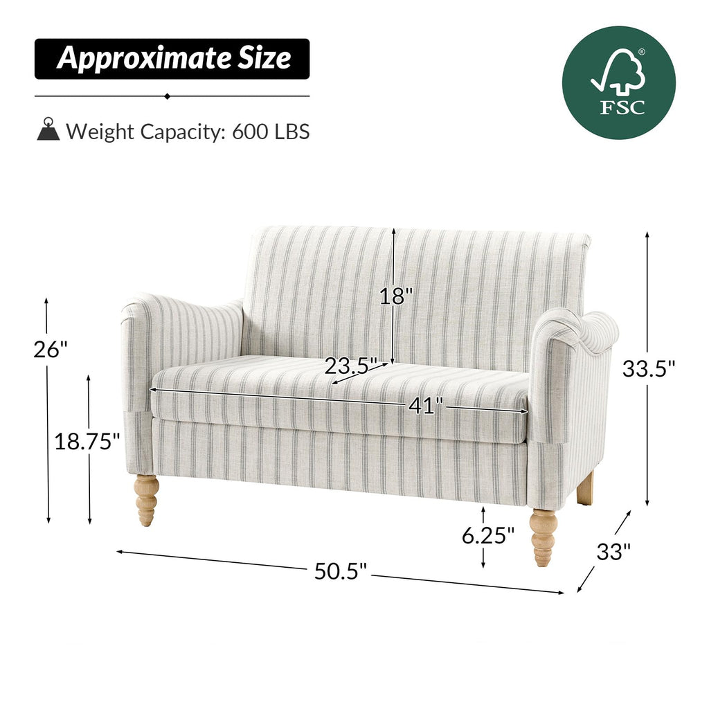 50.5" Farmhouse Loveseat Sofa, 2 Seater Sofa, Grey Stripe