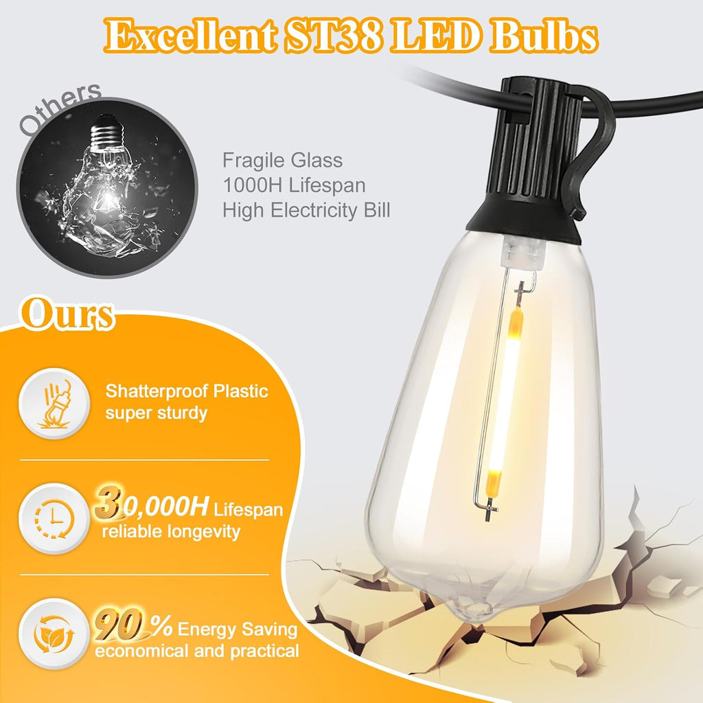 Outdoor String Lights 200FT Waterproof, Patio String Lights for Outside with 100+4 ST38 Shatterproof LED Filament
