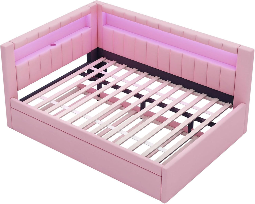Full Size Upholstered Daybed with Trundle for Kids Bedroom,Super Cute Wooden Bedframe w/Led & USB Ports Design,Easy