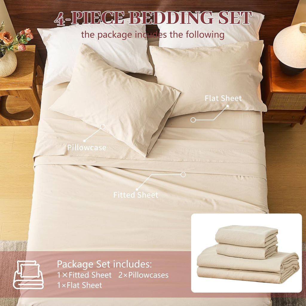 Stone Washed Linen Sheets, 4 Pcs, 16" Deep Pocket