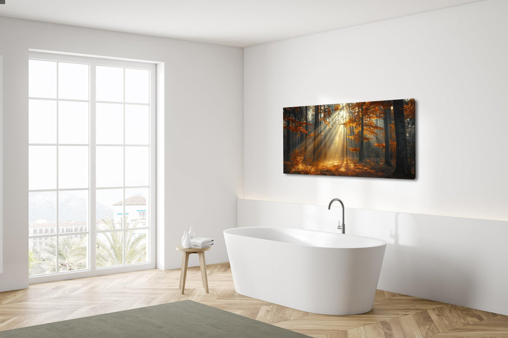 Beautiful Autumn Forest Landscape Wall Art Office Calming Nature Scenery Golden Painting Prints Sunlight Spills