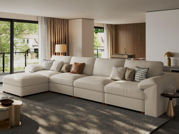 Leather Sectional Couch, L Shaped Deep Seat Modern Sofa, Beige
