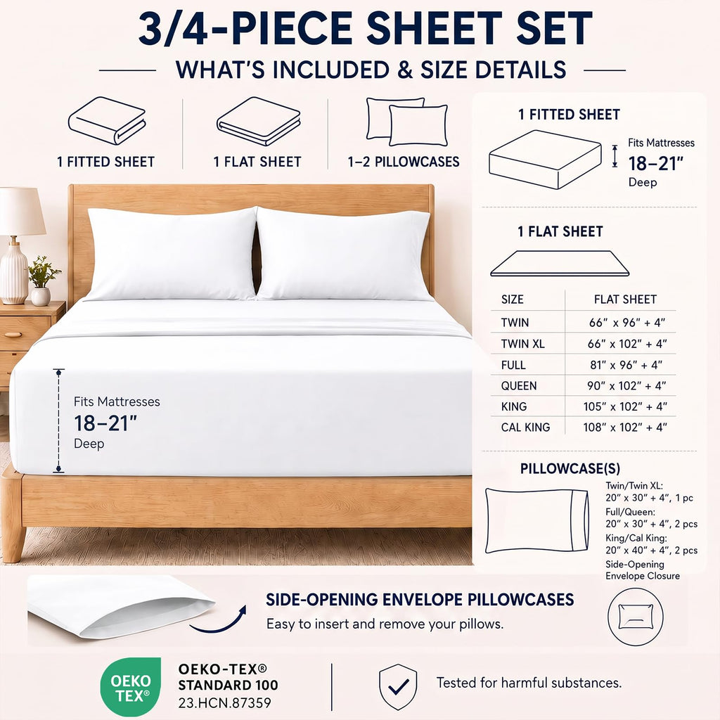 4-Piece California King Sheet Set, 21-Inch Extra Deep Pocket, White