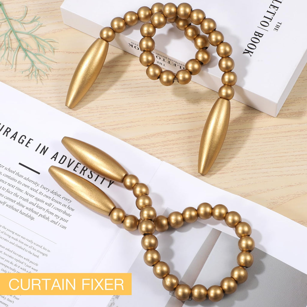 Wood Bead Curtain Tiebacks 2 Pack, No Drill Curtain Holdbacks, Gold