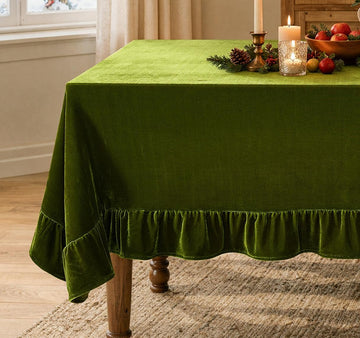 Rectangle Velvet Ruffle Tablecloth 60x120 Inch Christmas Olive Green