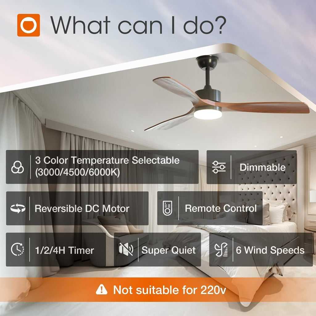 52 inch Ceiling Fans with Lights and Remote Control, Reversible, 3 Wood Blades, 6 Speeds, 5CCT Dimmable, Noiseless, Indoor/Outdoor Black Walnut Ceiling Fan for Bedroom Living Room Gazebo Patio A103-B0DY7M989Q