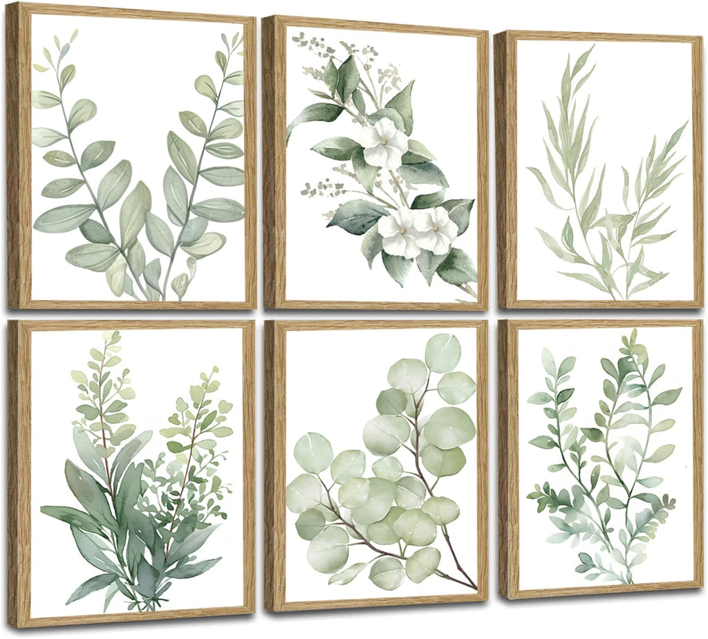 Framed Eucalyptus Sage Green Botanical Plant Wall Art Canvas Decor Set of 6, Leaves Prints Posters, Flower Wall Art