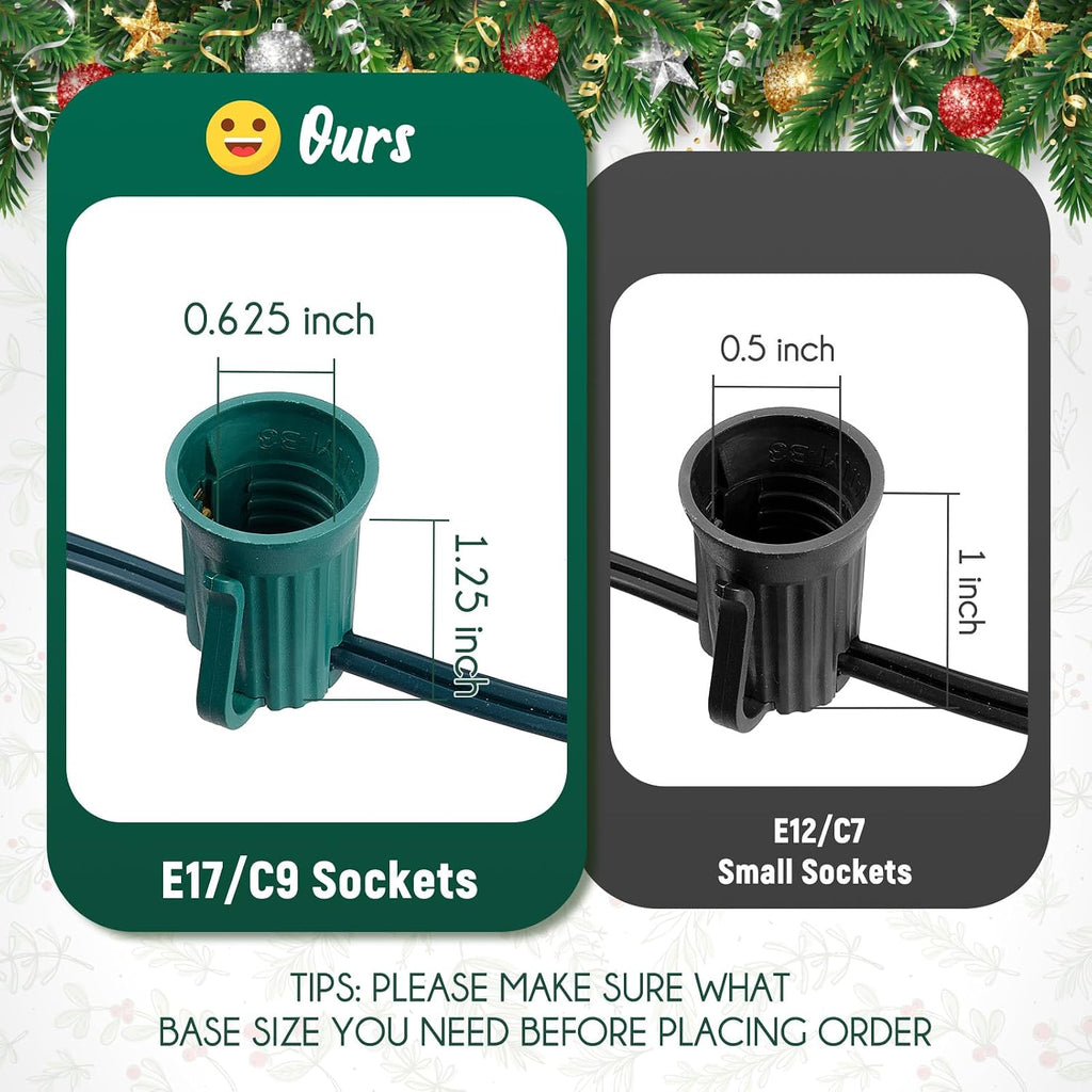 C9 Light Strand, 50FT Christmas Green Wire with 50 E17 Sockets