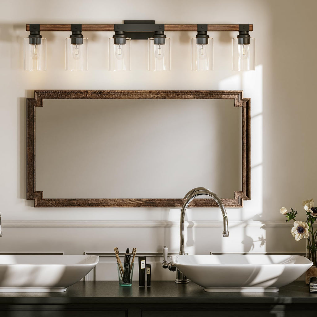 6 Light Bathroom Vanity Light 41in with Glass Shade, Farmhouse Vanity Light Light fixtures Over Mirror, Round Rustic